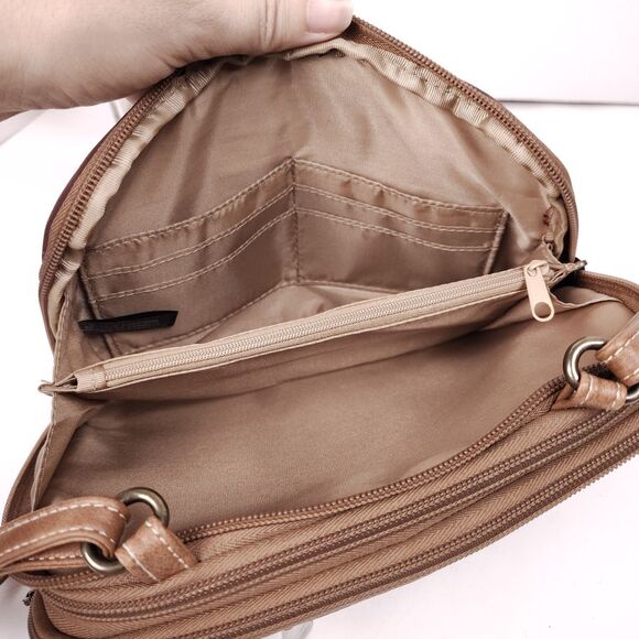 MultiSac Zippy Triple Compartment Two Tone Tan & Wine Adjustable Crossbody EUC - Picture 9 of 13